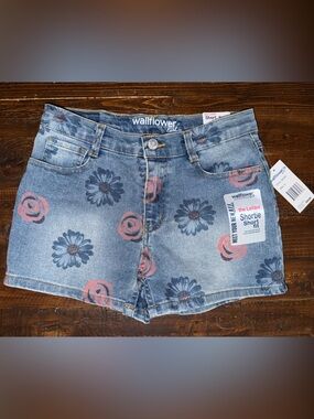 Wallflower Blue Denim Floral Print Shorts - Pink & Navy